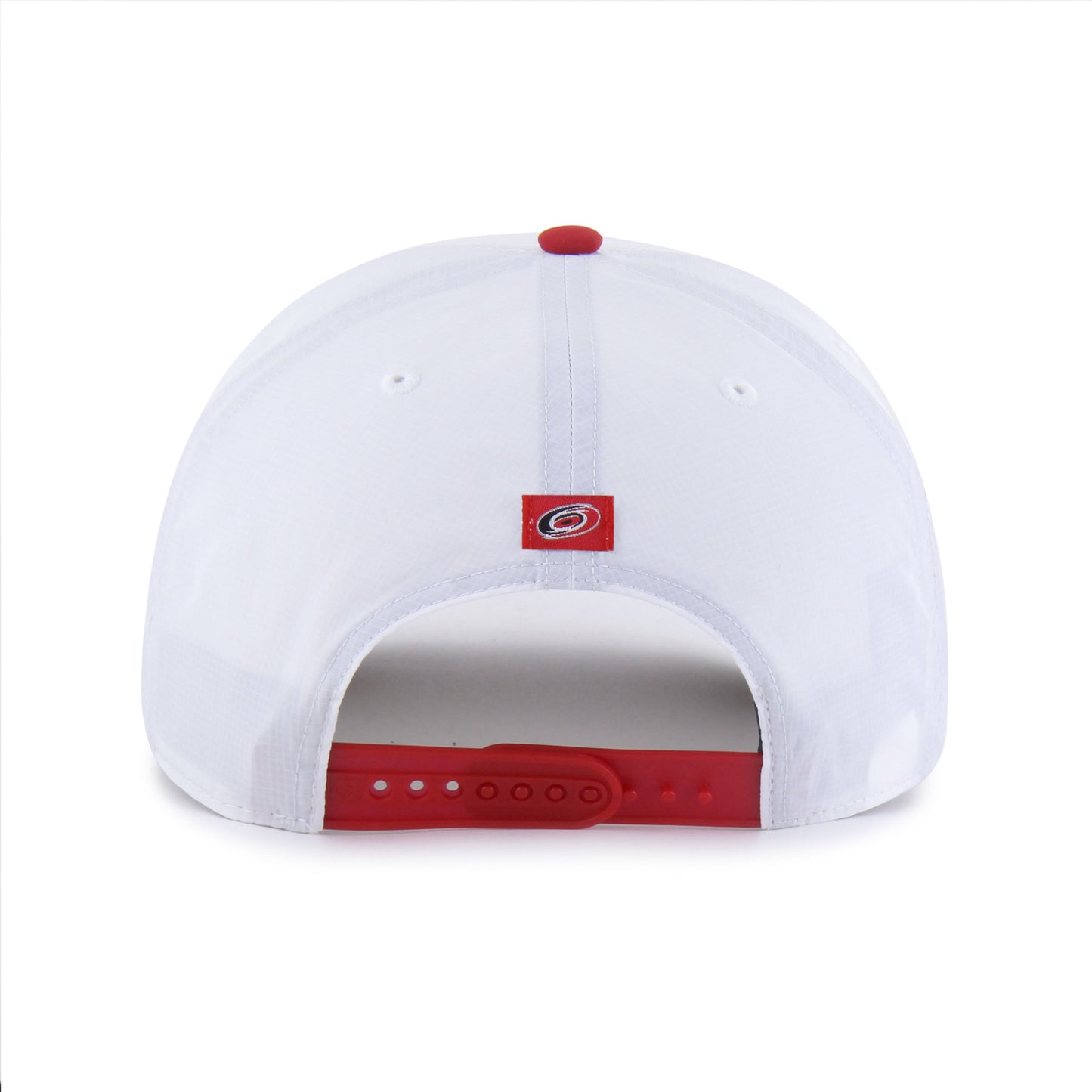 Back: White hat, red crown, red snapback straps, red Primary logo tag above straps