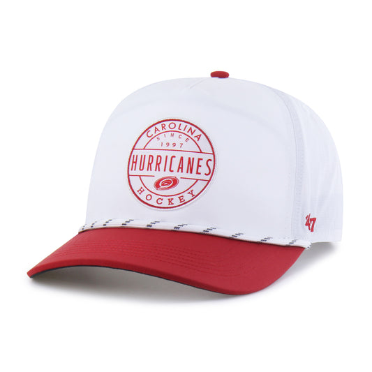 Front: White hat, red brim, white/black rope on brim, circular "Carolina Hurricanes Hockey" graphic on front