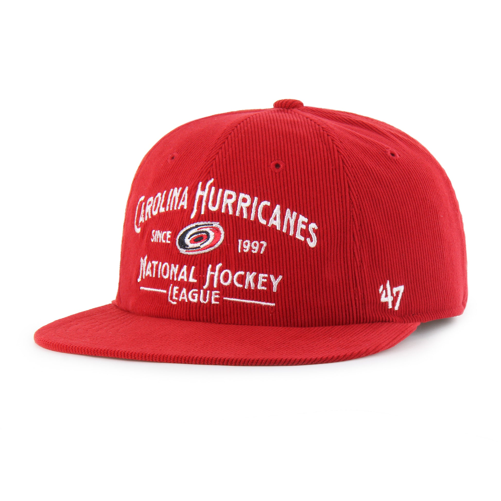 Front: Red hat with flatbrim, "Carolina Hurricanes Since 1997 National Hockey League" graphic