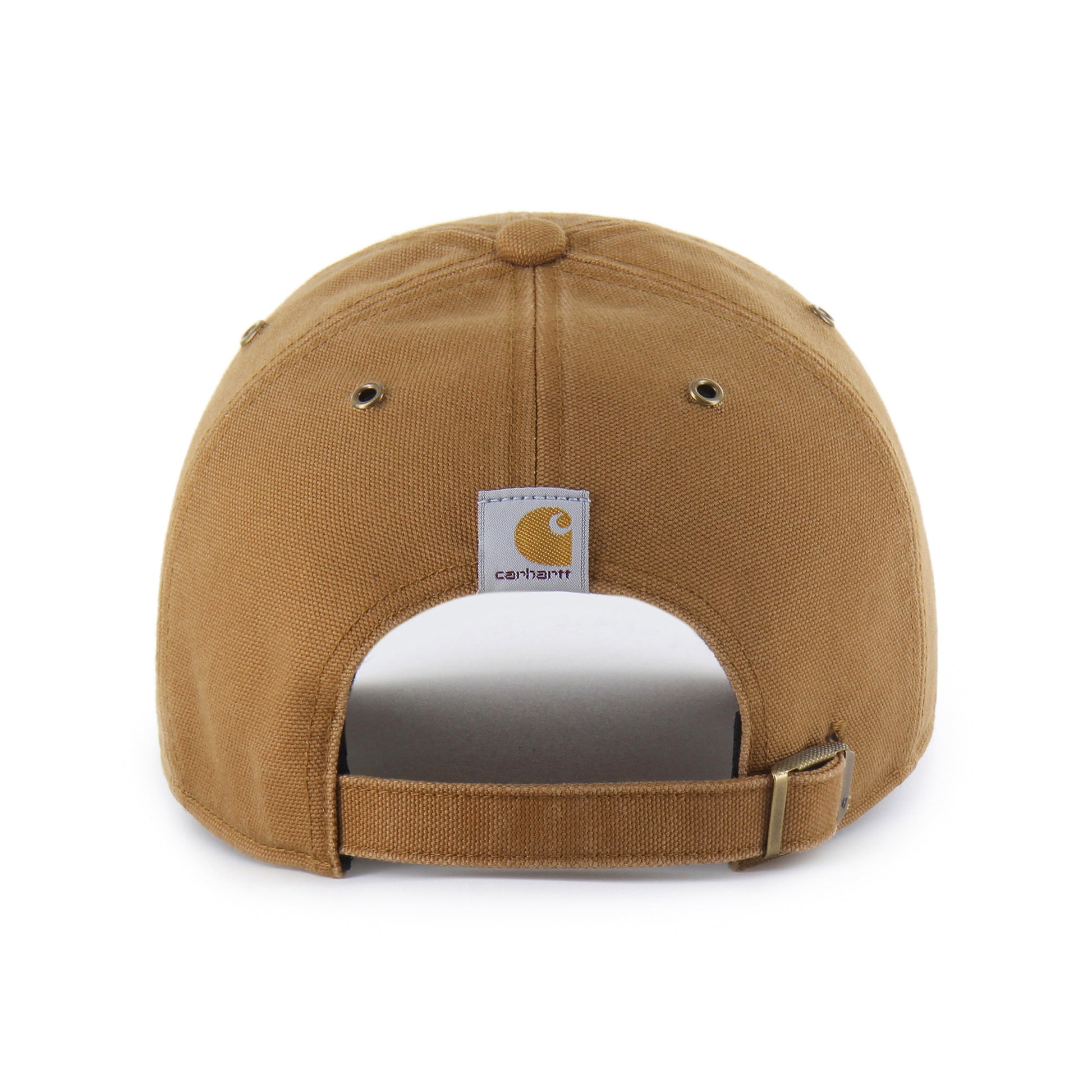 Back: Brown hat, adjustable strap with clasp, Carhartt logo above strap