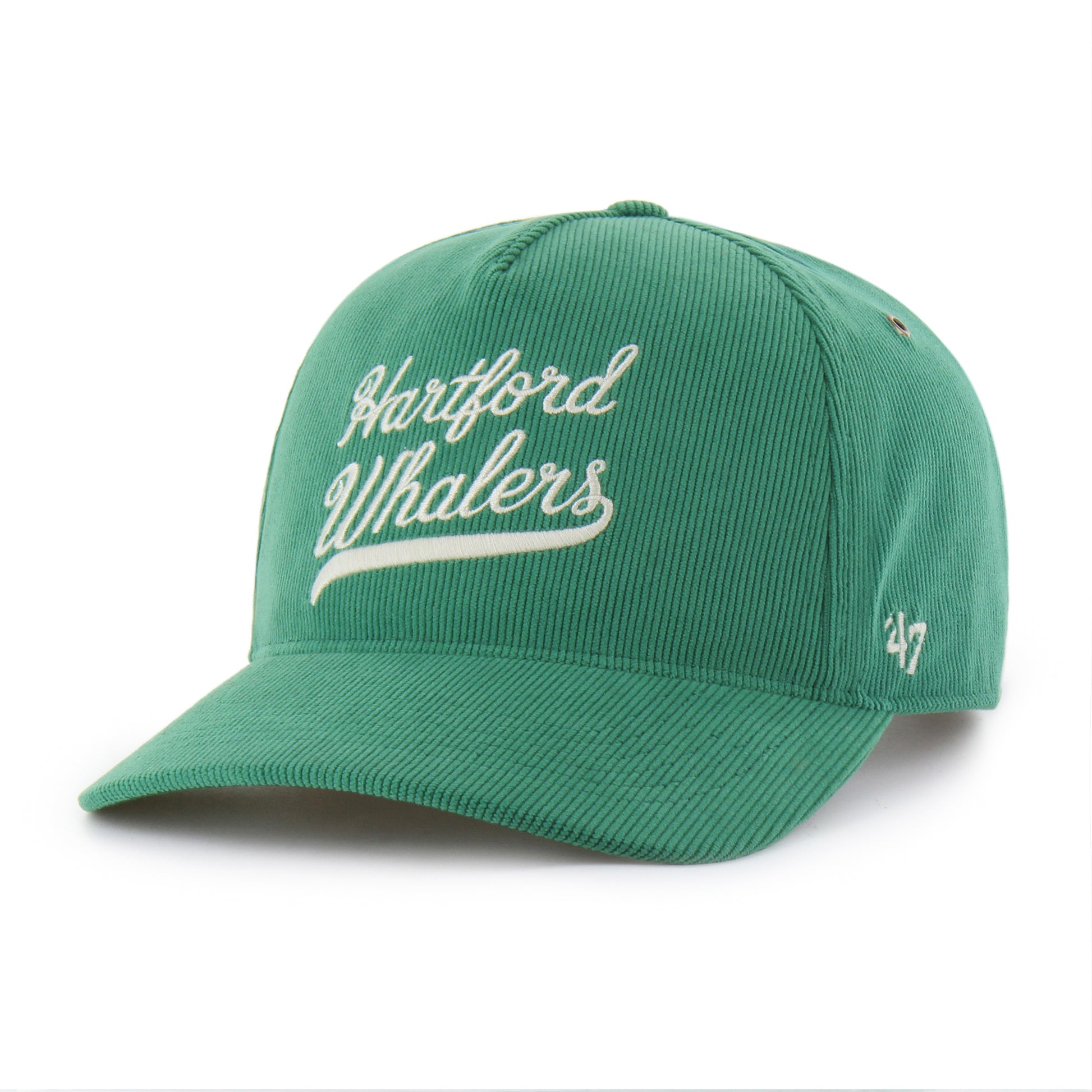 Front: Green corduroy hat, "Hartford Whalers" in script on front, 47 logo on left