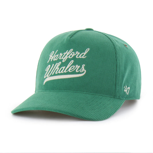 Front: Green corduroy hat, "Hartford Whalers" in script on front, 47 logo on left