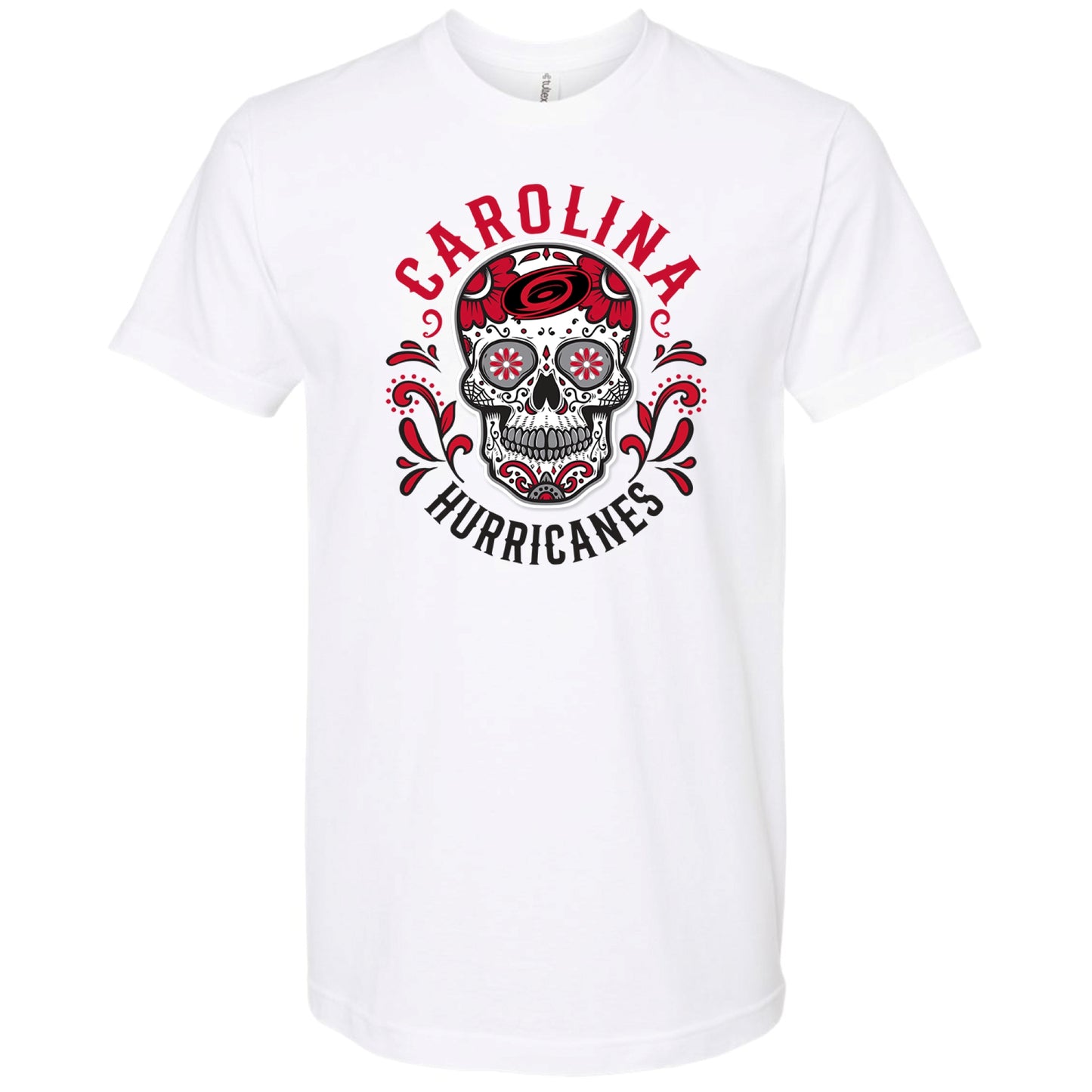 Front: White tee with Hurricanes themed Sugar Skull, "CAROLINA HURRICANES" arched around skull