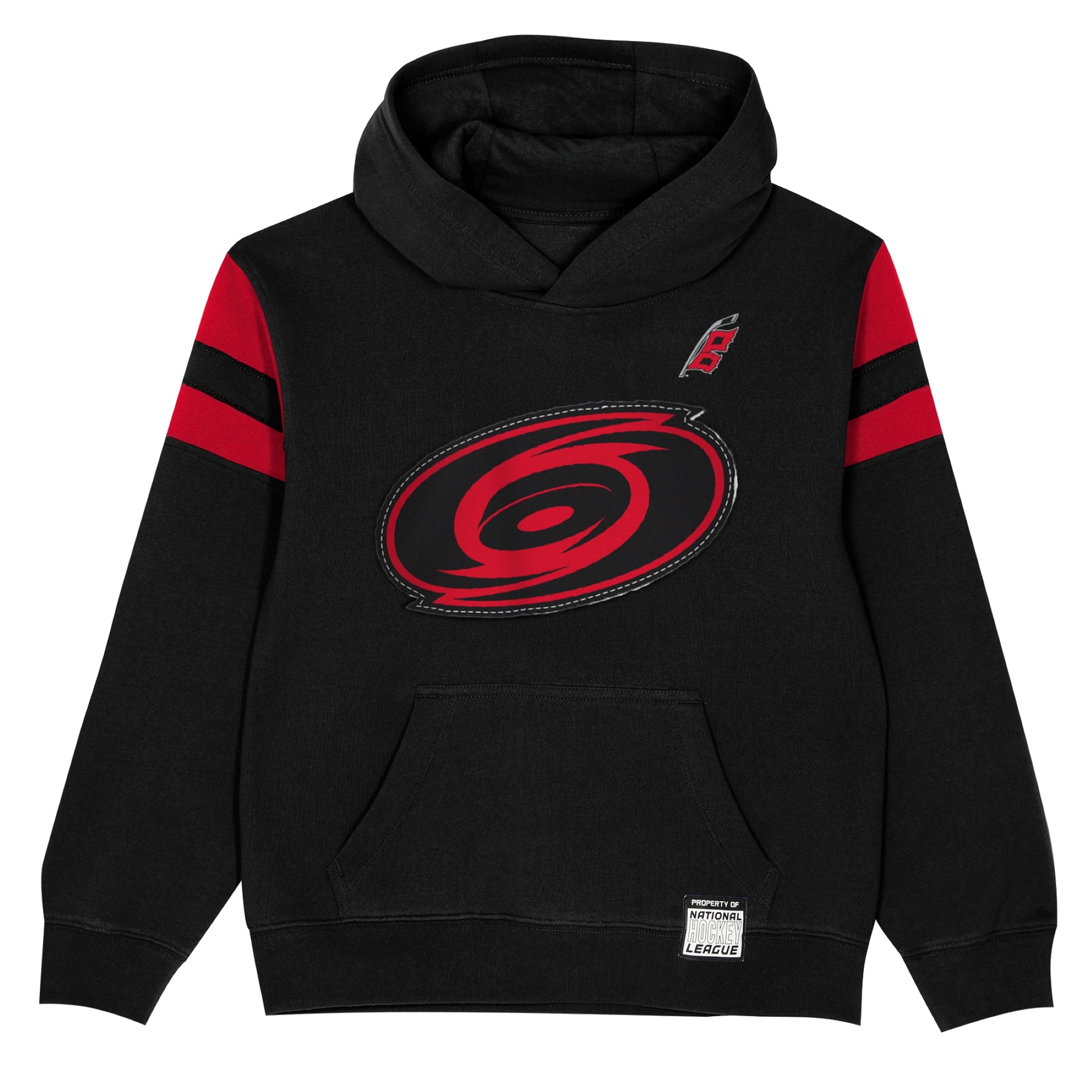 Front: Black hoodie, red stripes on sleeves, Tonal logo on front with smaller Flags logo above