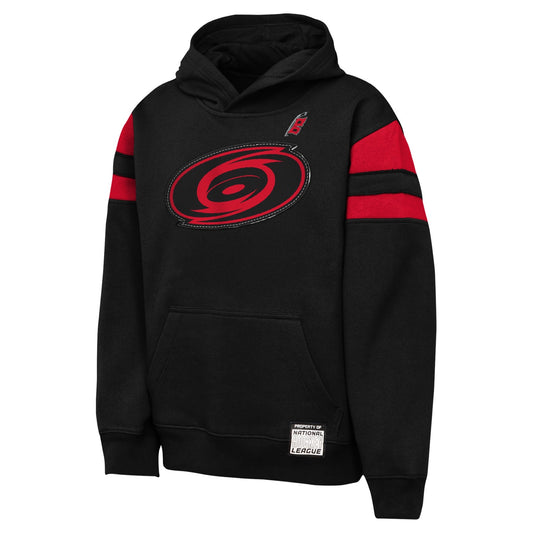 Front: Black hoodie with red stripes on sleeves, Tonal logo on front, smaller Flags logo above