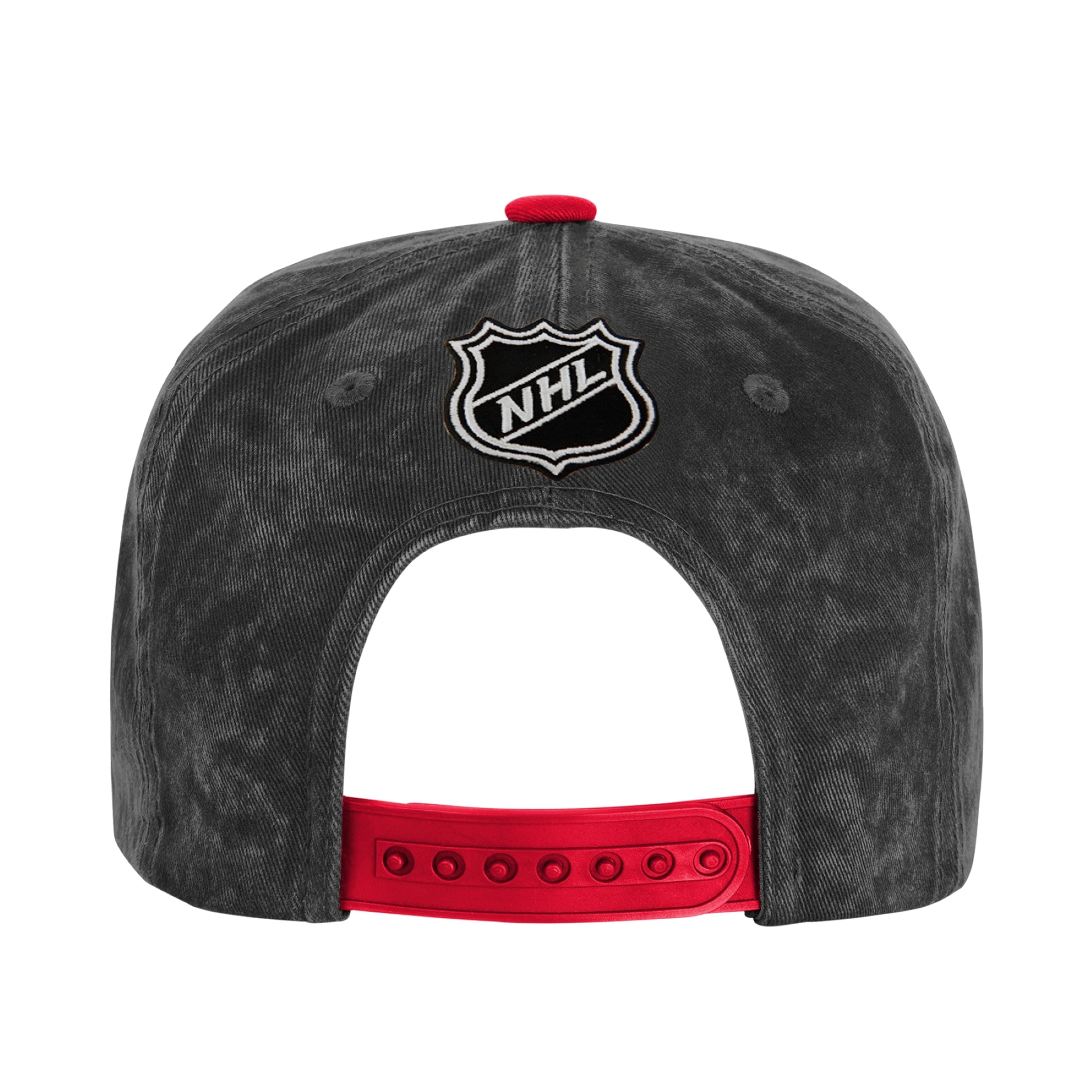 Back: Black and gray hat, red snapback straps, NHL logo above straps