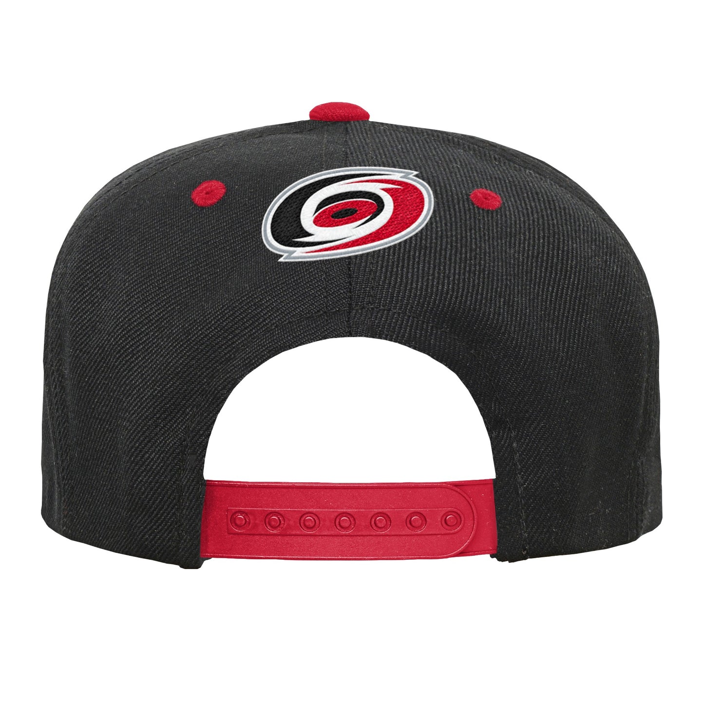 Back: Black hat with red snapback straps, Primary logo above straps