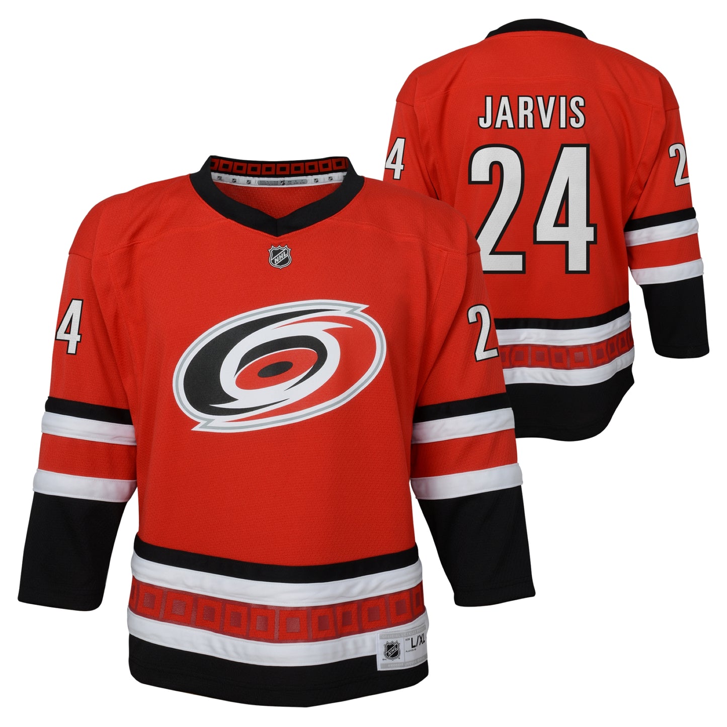 Front/Back: Red Hurricanes jersey, "JARVIS 24" on back, "24" on sleeves