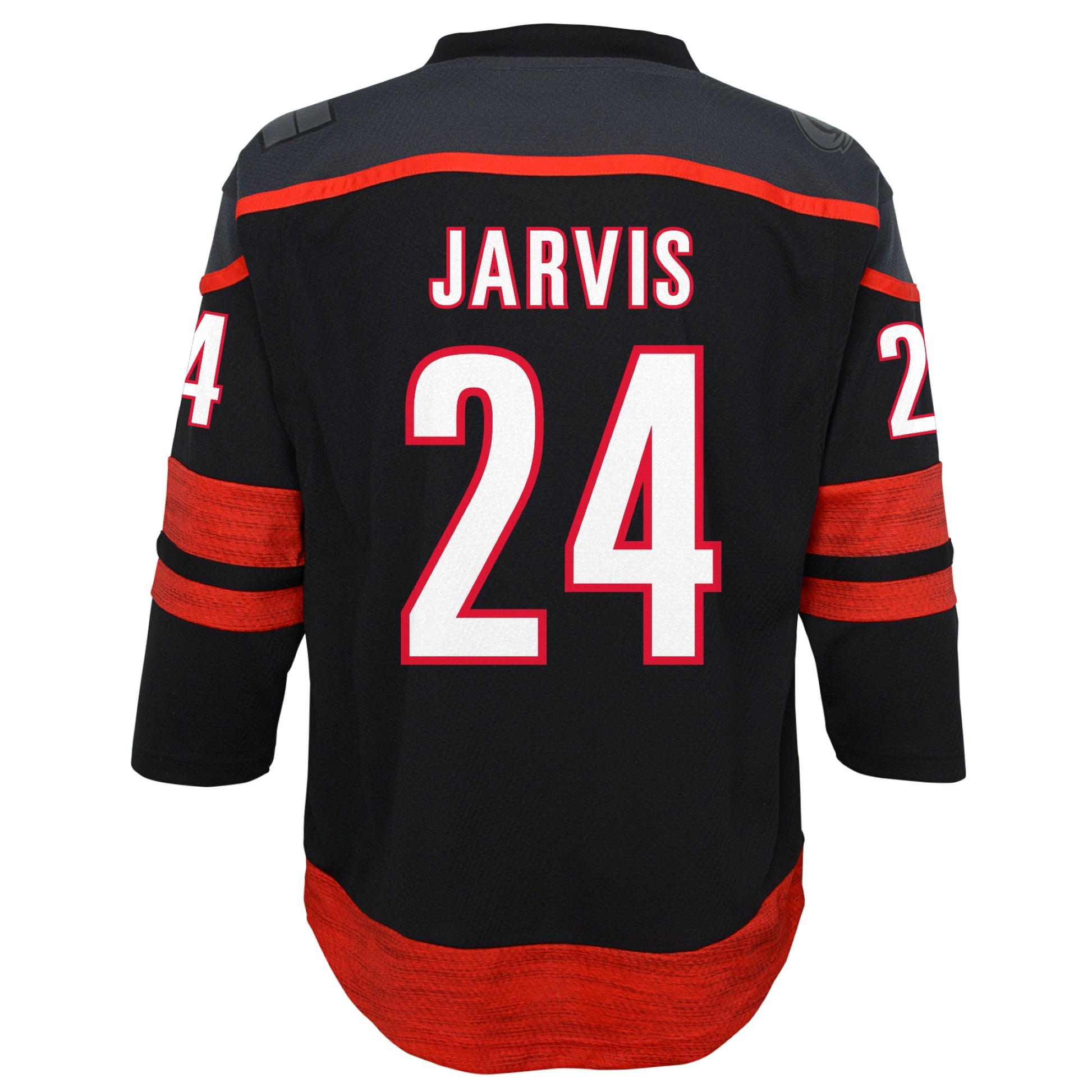 Back: Black Hurricanes jersey, "JARVIS 24" in white with red outline