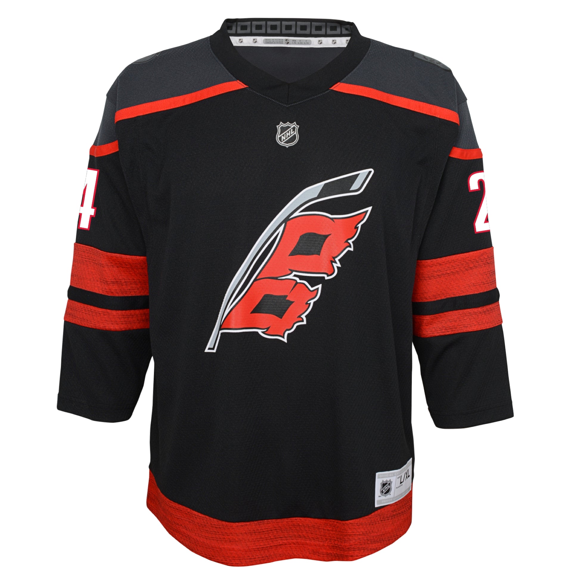 Front: Black Hurricanes jersey, "24" on sleeves in white with red outline
