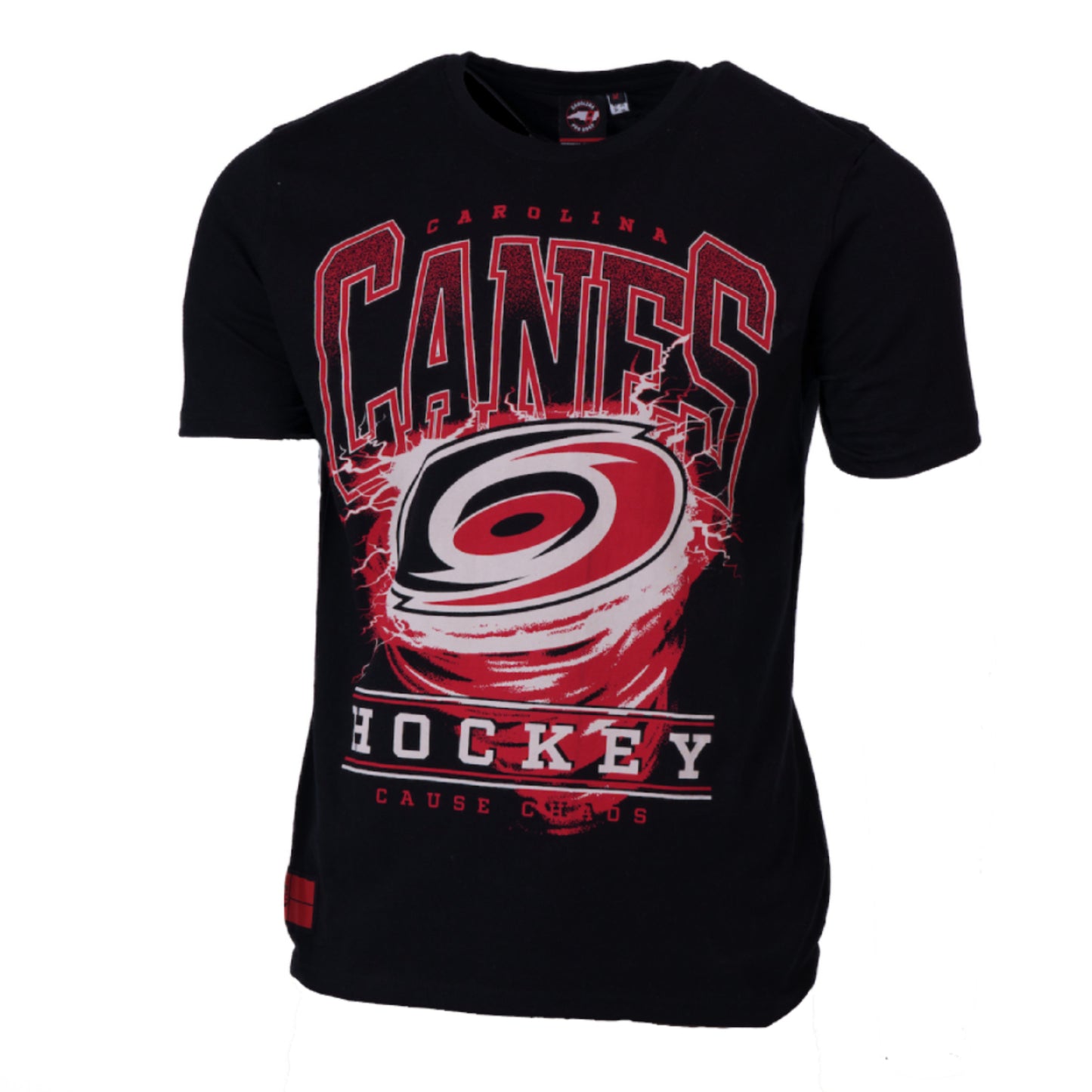 Black tee, "Carolina Canes Hockey" around design in middle with primary logo, "CAUSE CHAOS" at bottom