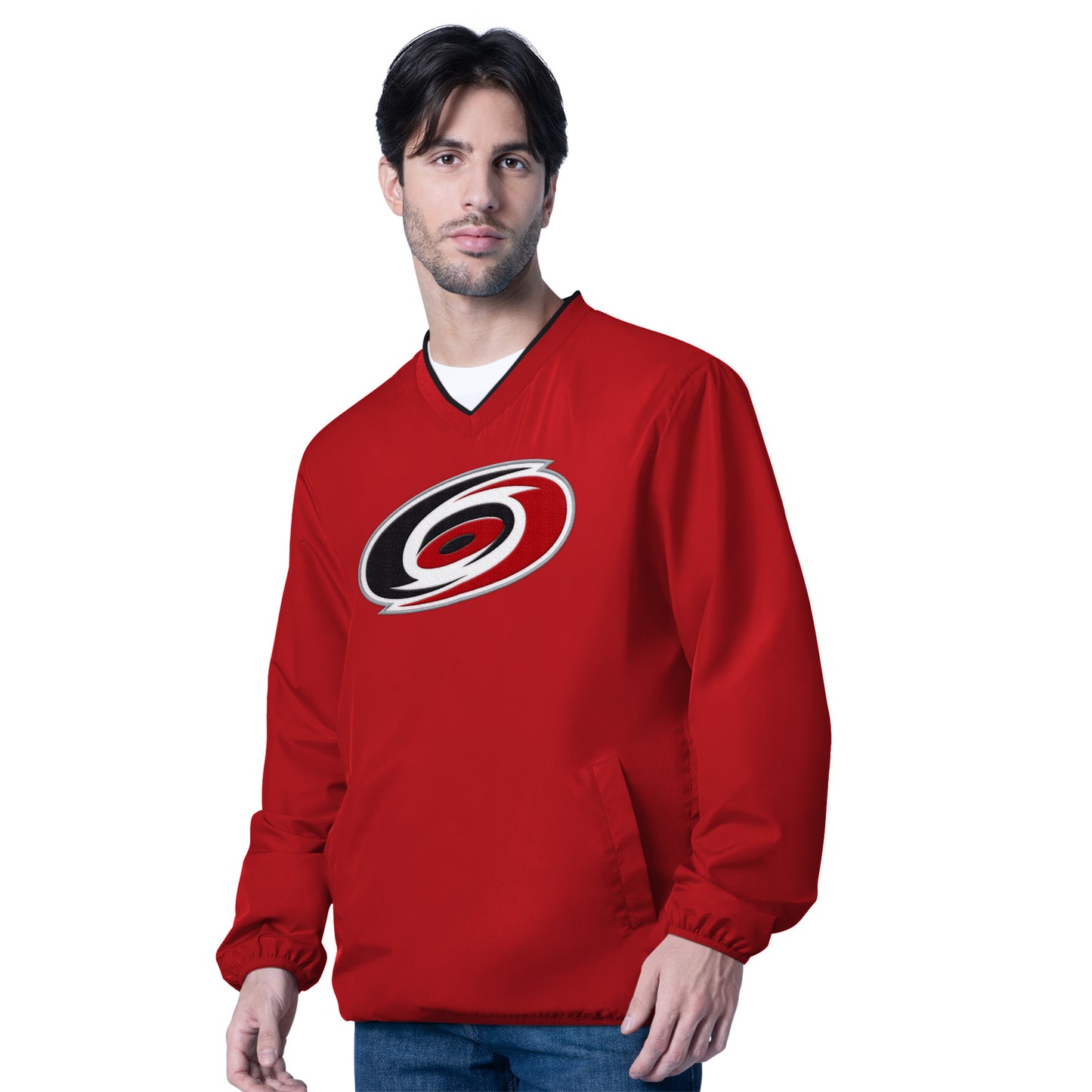 Front: Red v-neck pullover with pouch pocket, Primary logo on chest