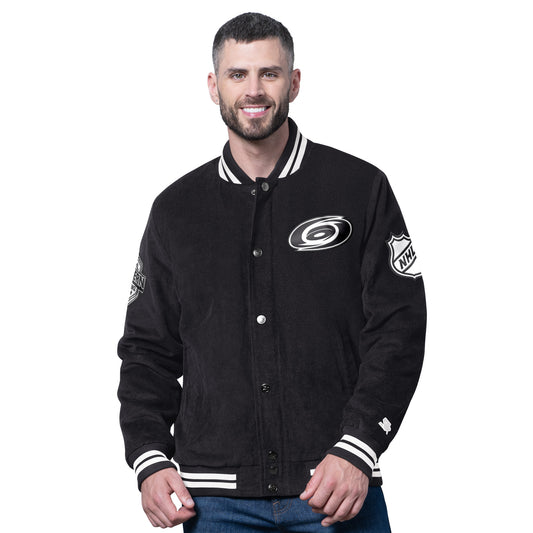 Front: Black varsity jacket with white trim, black/white Primary logo on left chest