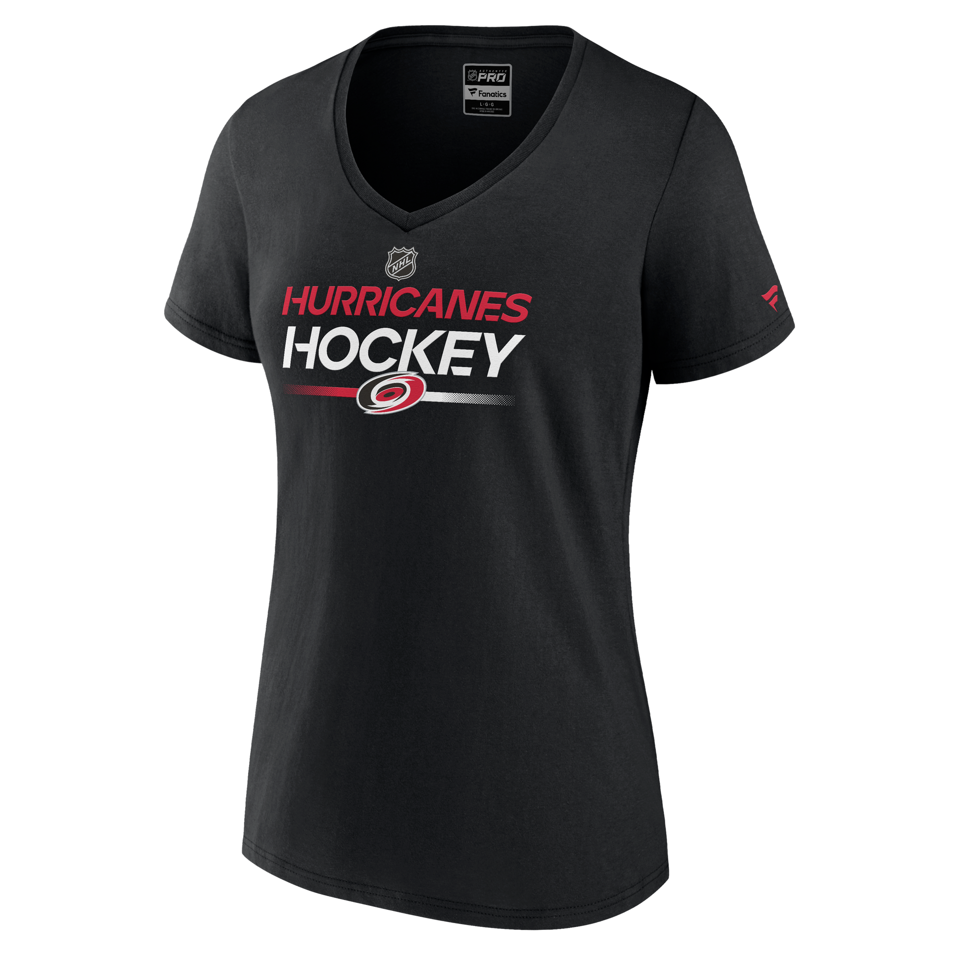 Front: Black tee with Hurricanes Hockey in red and white with NHL and Hurricanes logos