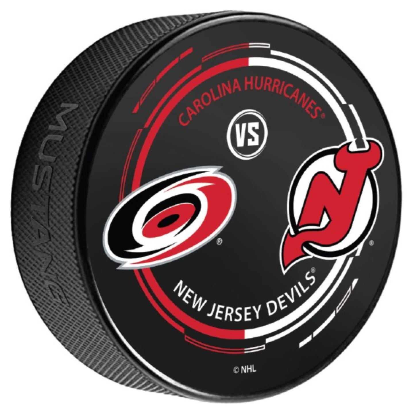 Matchup puck featuring the Carolina Hurricanes and the New Jersey Devils