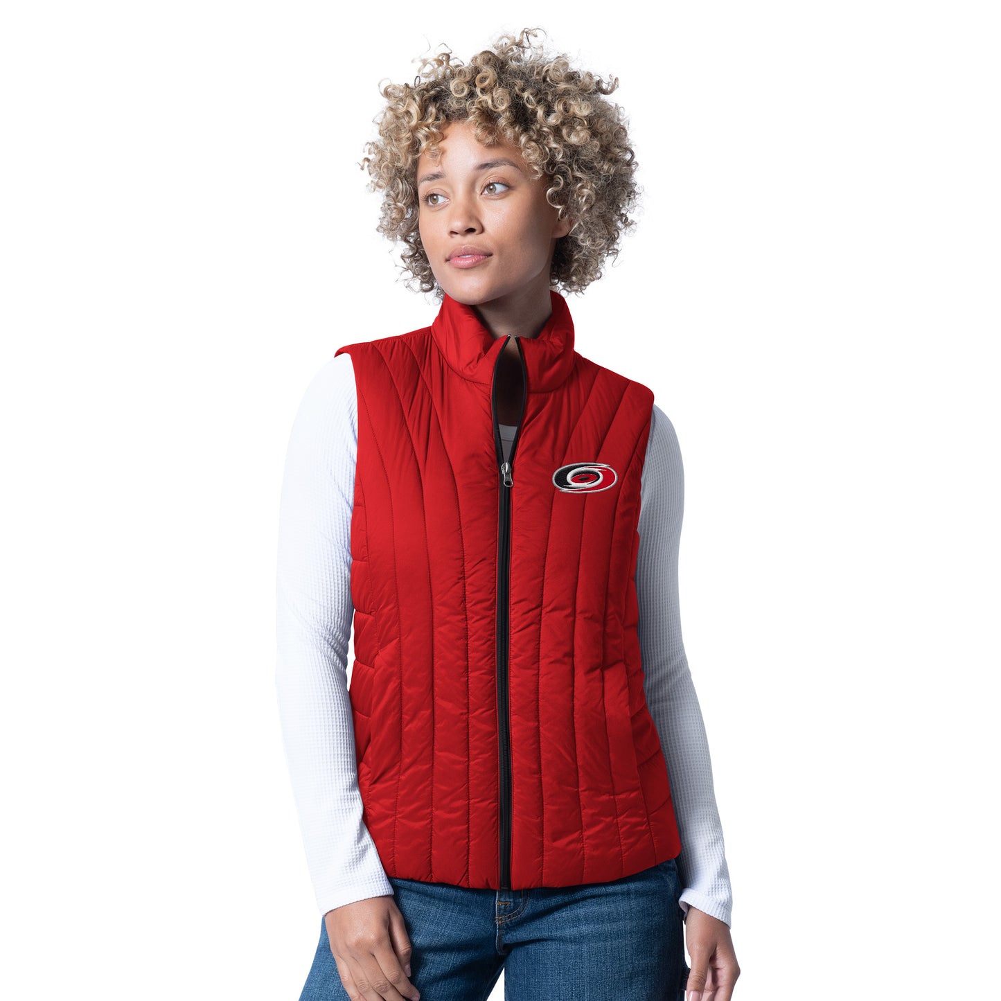 Front: Red puffy vest with Primary logo on left chest
