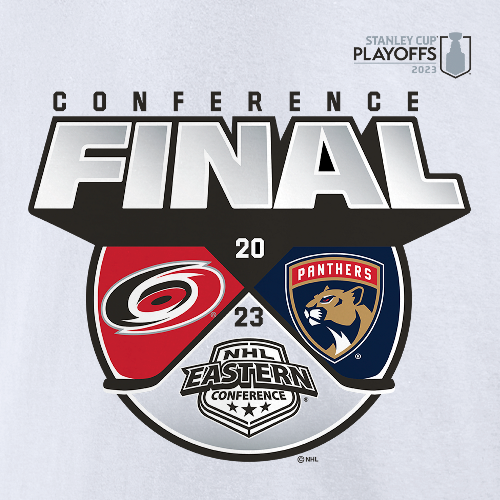 Close up of graphic on front, reads Conference Final 2023 with Hurricanes and Panthers logos