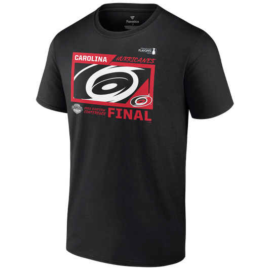 Front: Black tee with red and white graphic says Carolina Hurricanes 2023 Eastern Conference Final