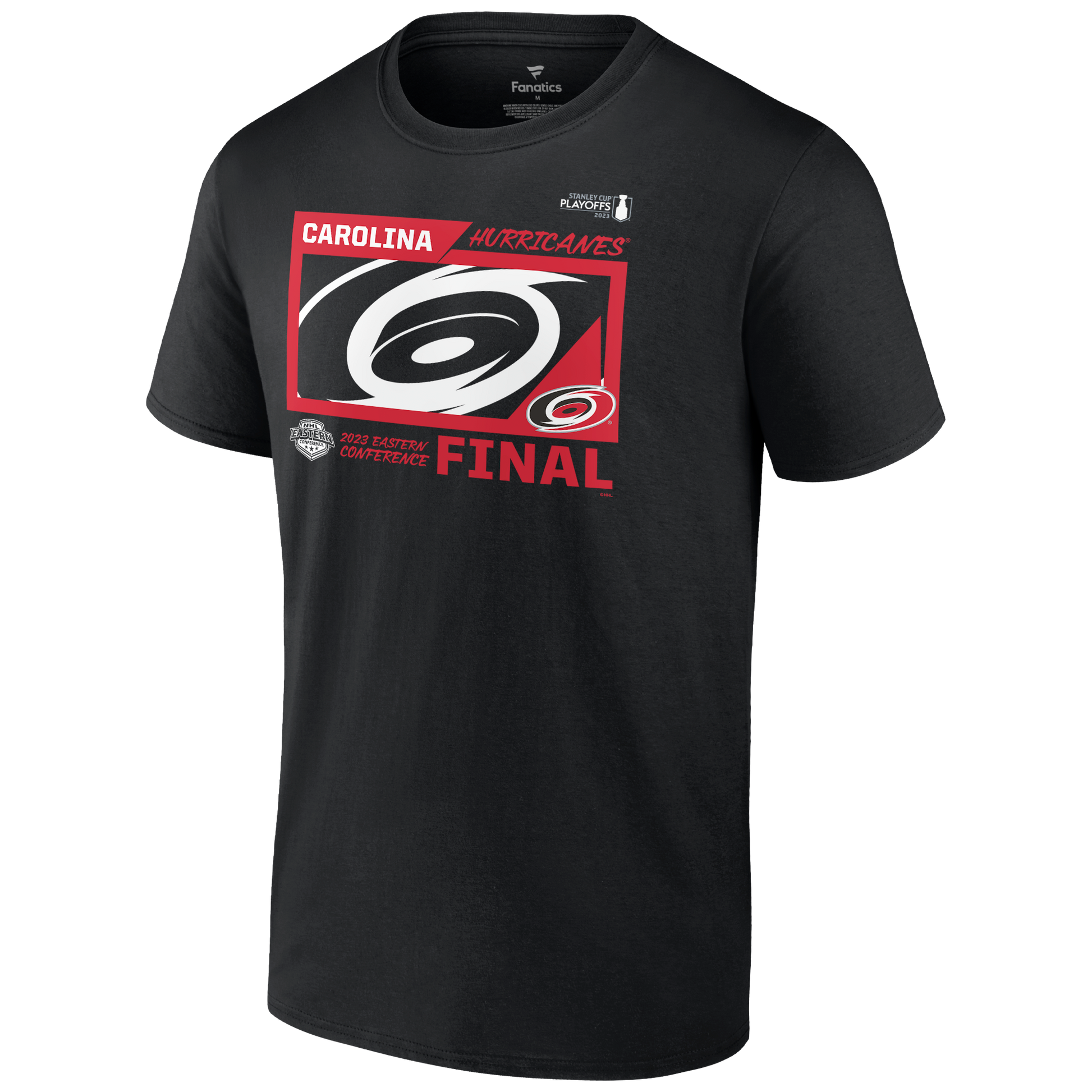 Front: Black tee with red and white graphic says Carolina Hurricanes 2023 Eastern Conference Final