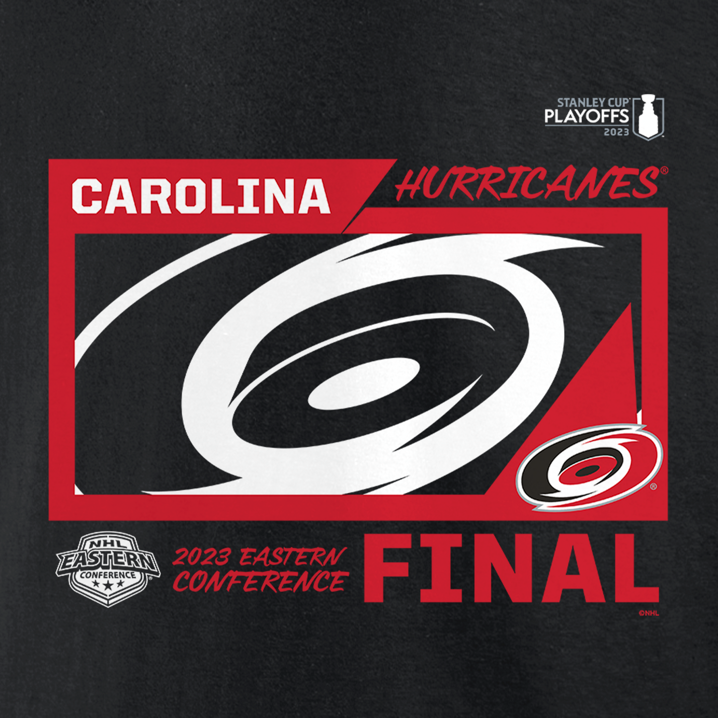 Close up of graphic featuring Hurricanes and Eastern Conference and Stanley Cup Playoffs logos
