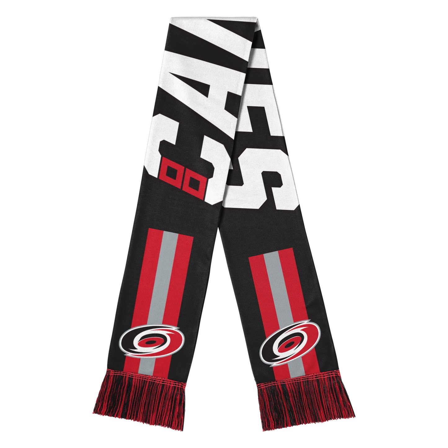 Black scarf, red and black fringe, CANES wordmark, primary logo on red/gray stripes