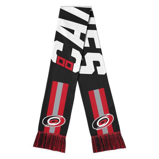 Black scarf, red and black fringe, CANES wordmark, primary logo on red/gray stripes