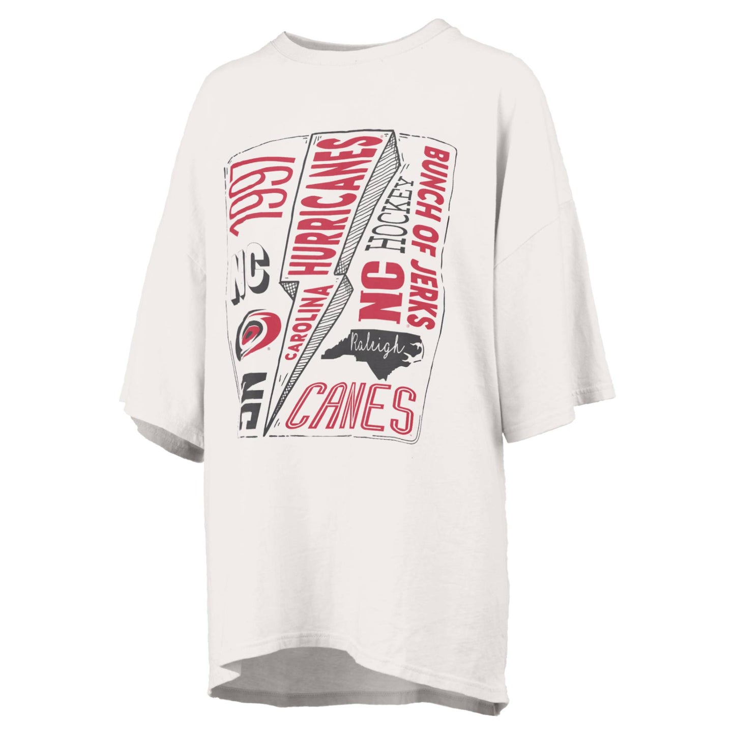 Oversized cream colored tee with School of Rock Hurricanes graphic on front