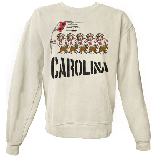 Cream sweater, "CAROLINA" in black below art of 5 Vintage Stormy's, 1 holding Hurricanes flags