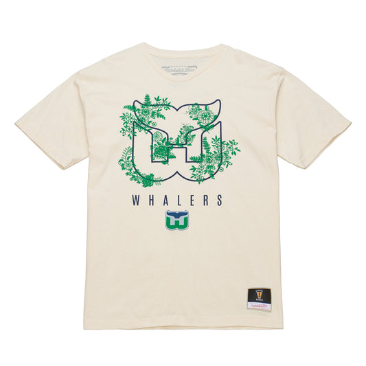 Front: Cream tee, Whalers tail outline logo with foliage, "WHALERS" with Tail logo beneath