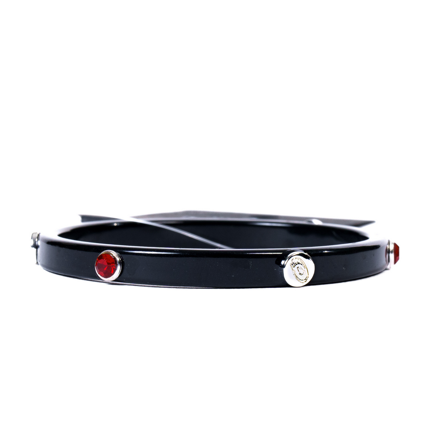 Black bracelet with red and silver studs, Primary logo engraved in silver studs