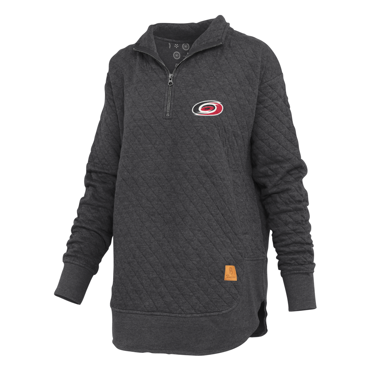 Dark gray quarter-zip, Primary logo on left chest, Pressbox patch on left hip