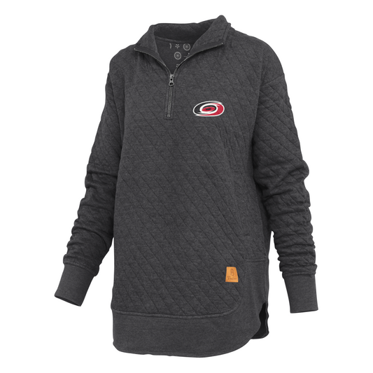 Dark gray quarter-zip, Primary logo on left chest, Pressbox patch on left hip