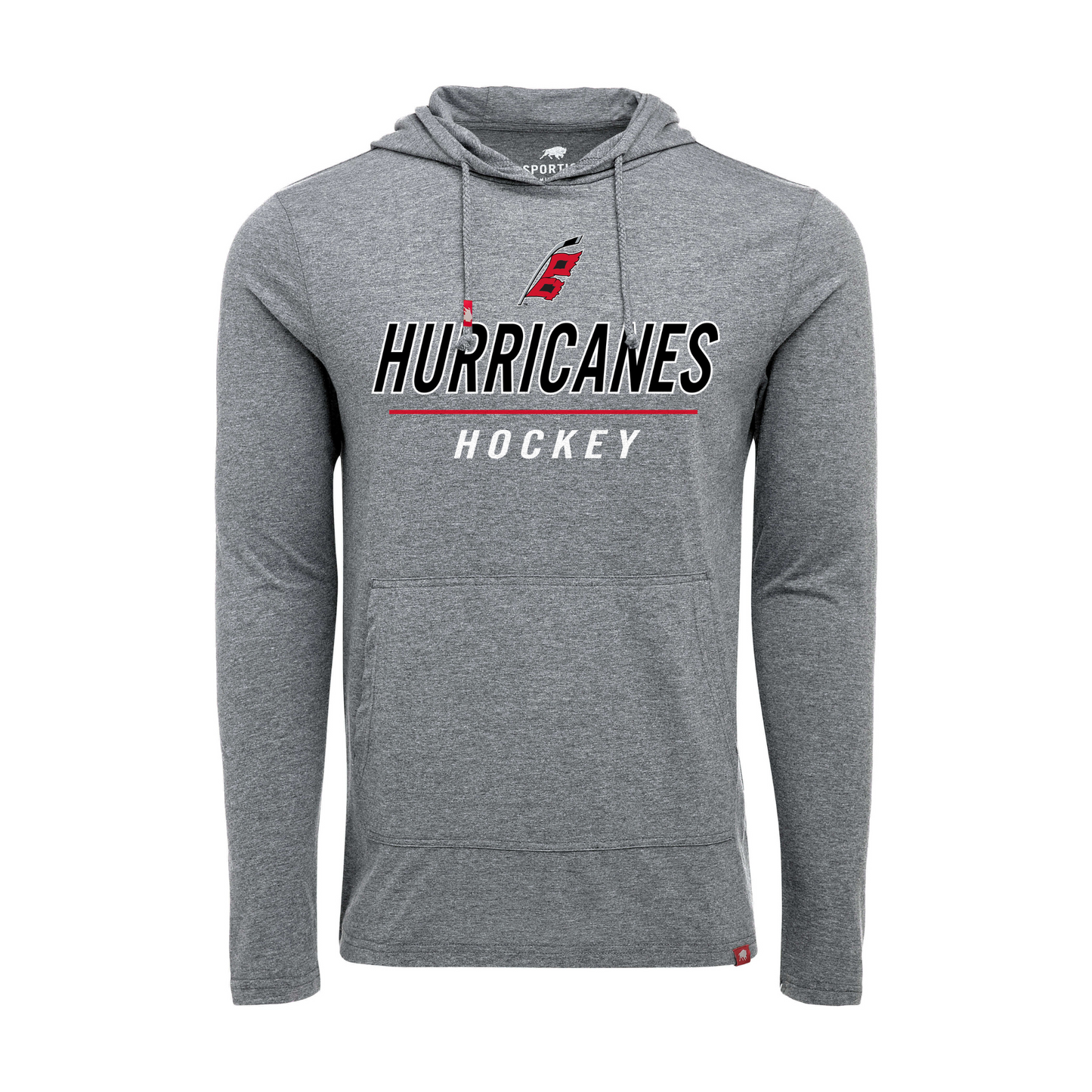Gray lightweight hood, "HURRICANES HOCKEY" in black and white with Flags logo above
