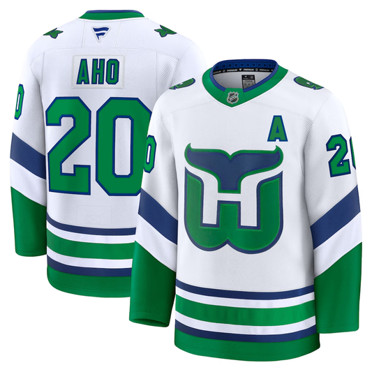 Front/Back: White Whalers jersey, "AHO 20" on back, "20" on sleeves, "A" on left chest