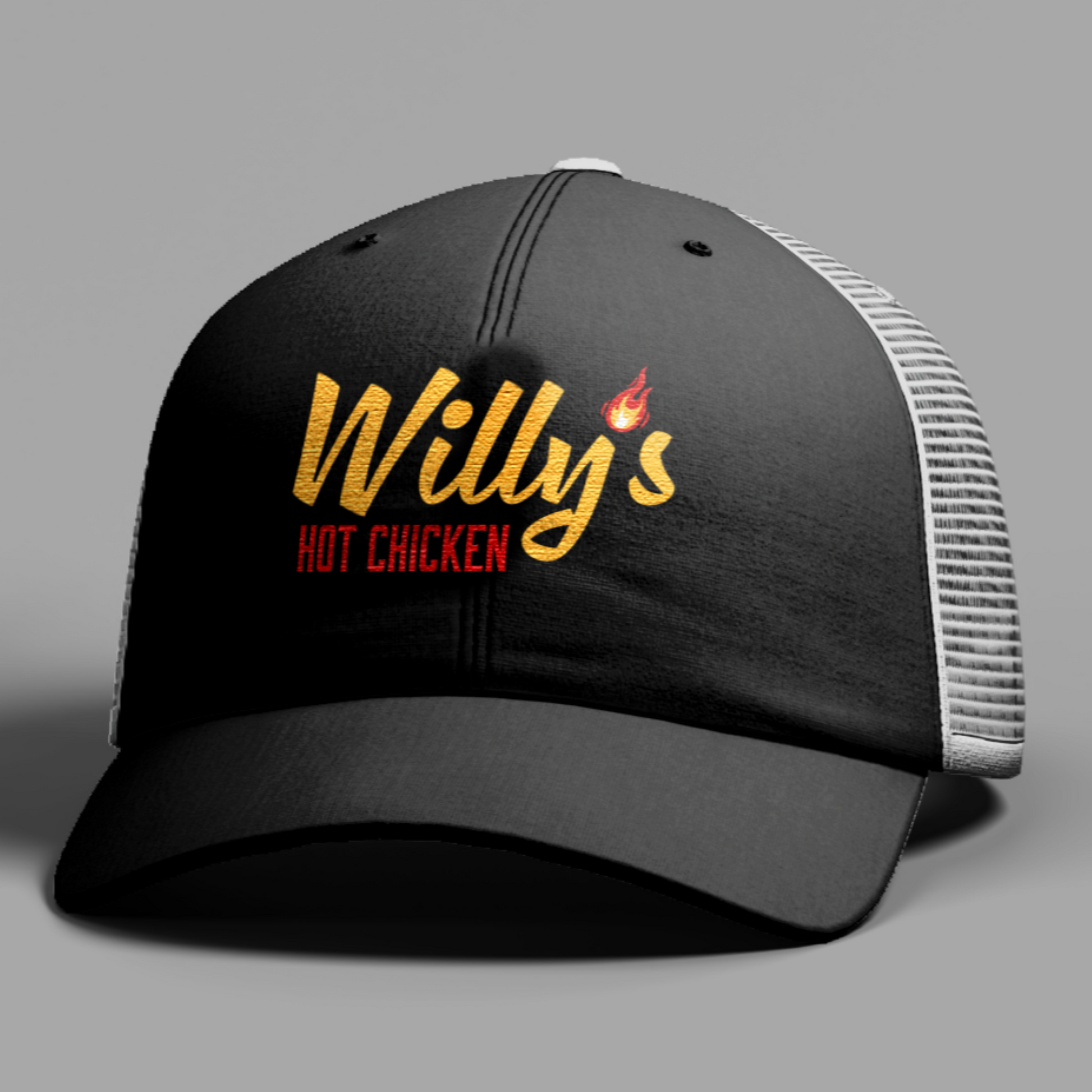 Black hat with white meshback and white crown, "Willy's Hot Chicken" wordmark on front