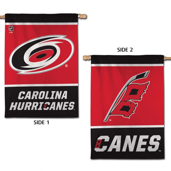 Both sides of red and black flag, Front has primary logo, back has Flags logo