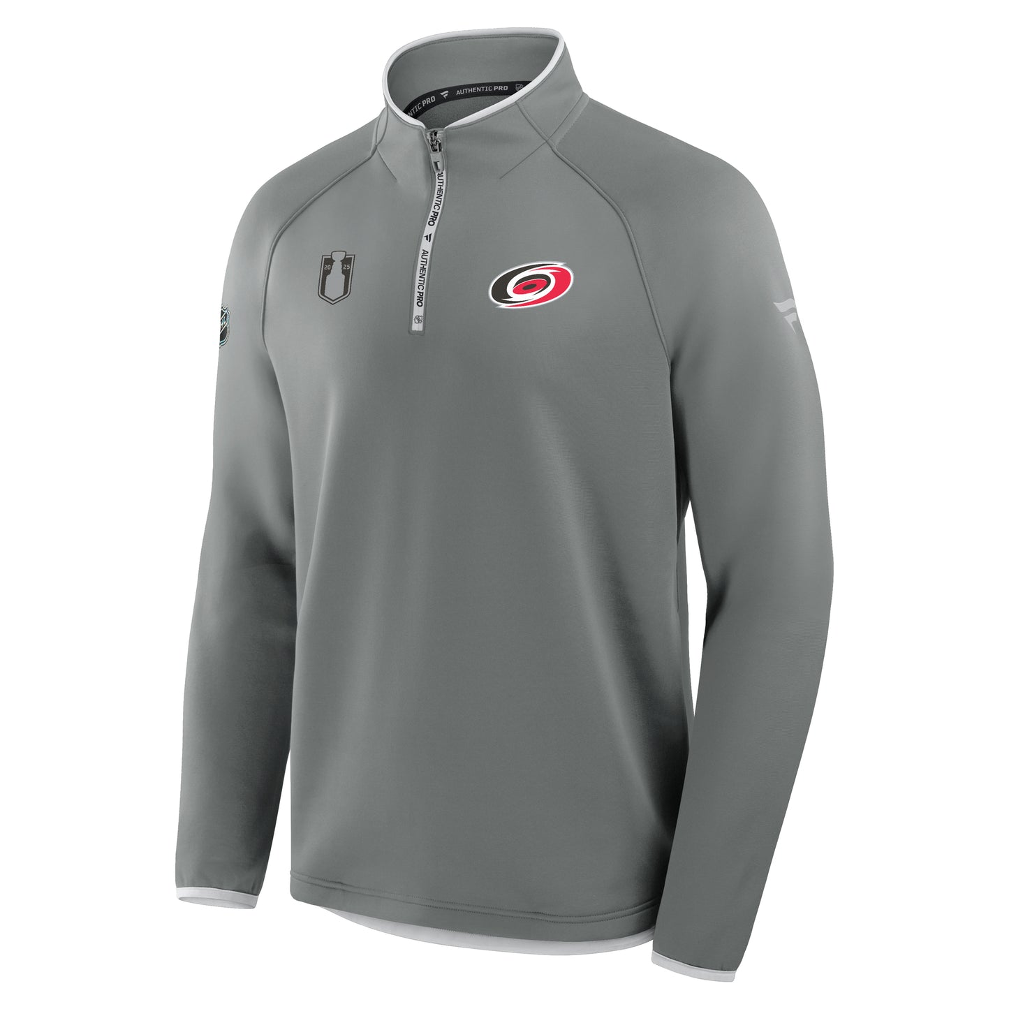 Front: Gray quarter zip, primary logo on left chest, Stanley Cup Playoffs logo on right chest