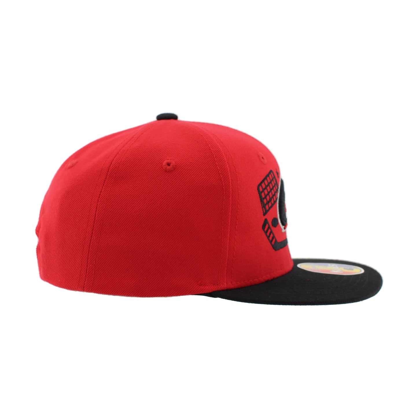 Right: Red hat with black flatbrim, black crown
