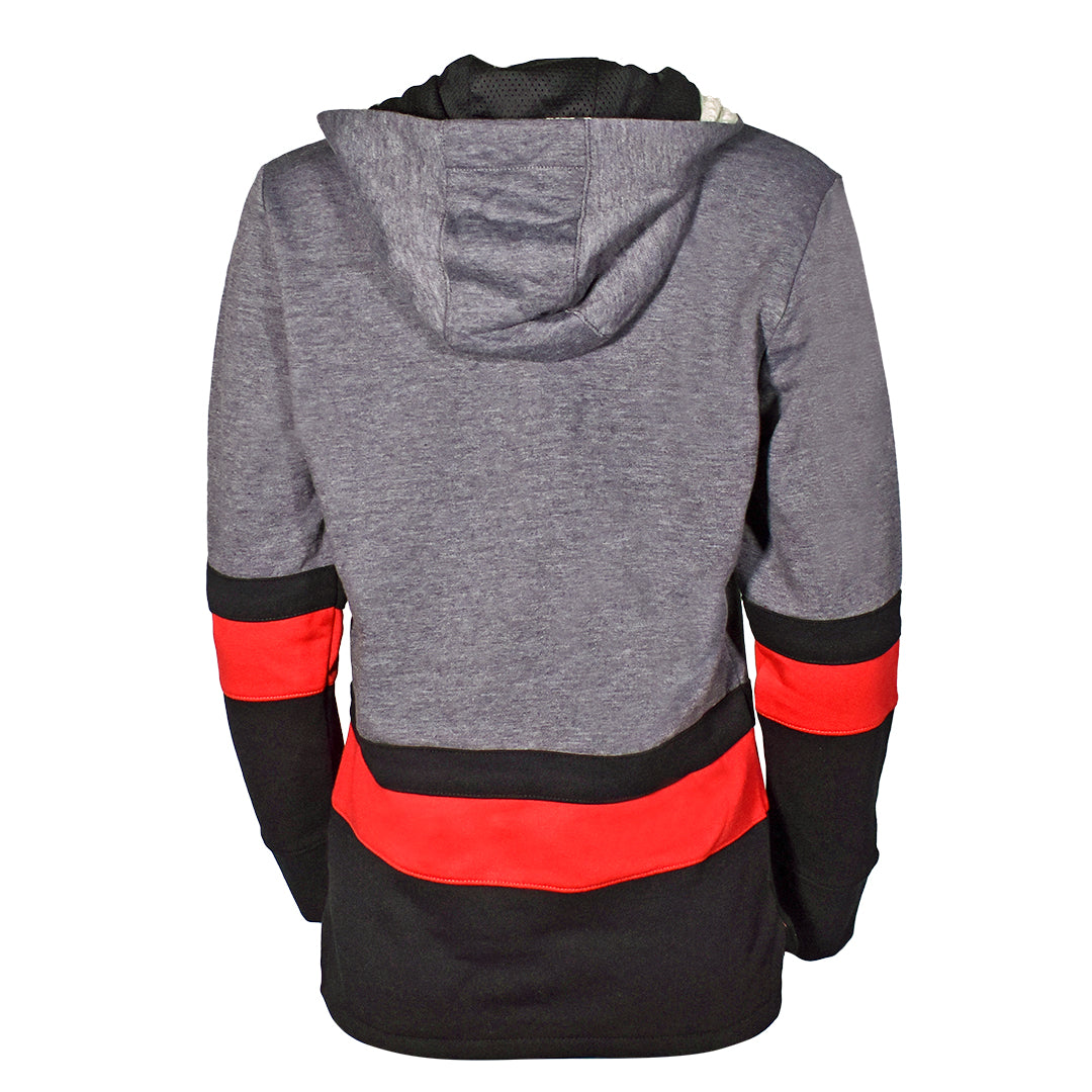 Back: Gray hoodie with black and red striping
