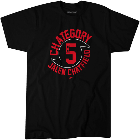 Black tee, red graphic on front that says "Chategory 5 Jalen Chatfield"