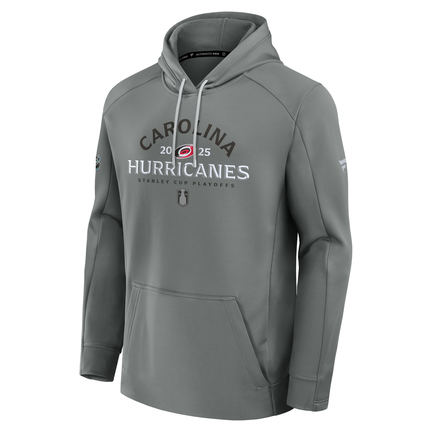 Front: Gray hoodie with strings, Carolina Hurricanes 2025 Stanley Cup Playoffs graphic across front