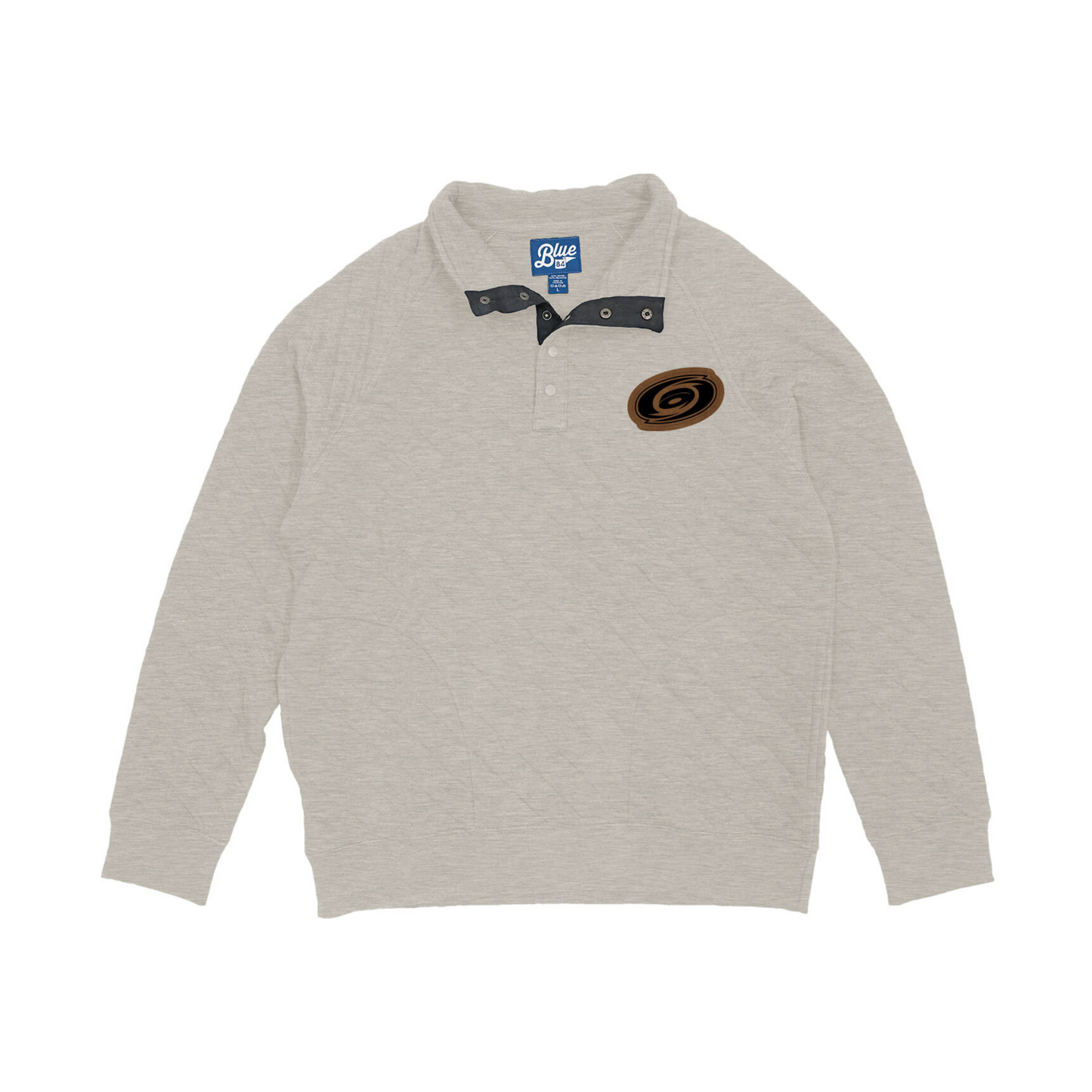 Gray button-up quarter-zip with brown leather Primary logo patch on left chest
