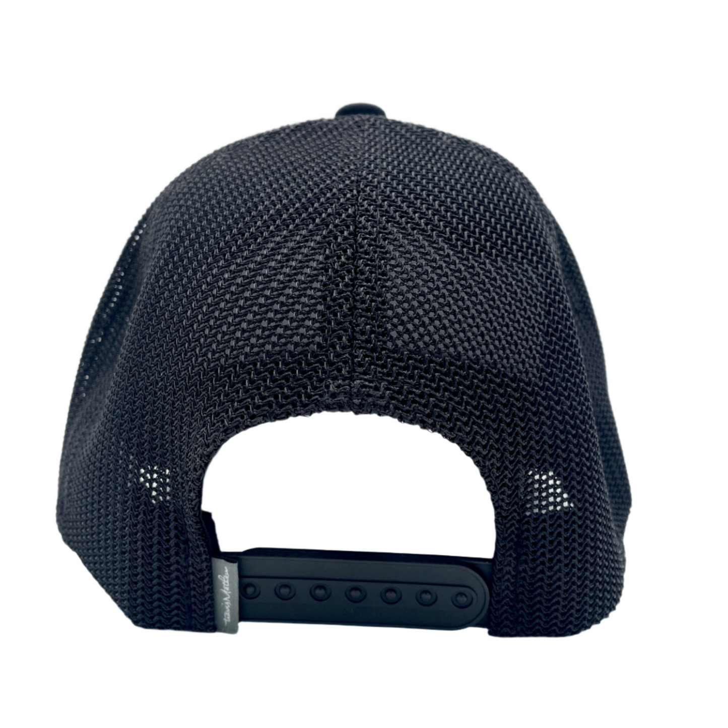 Back: Black meshback with black snapback straps, gray Travis Mathew tag on straps