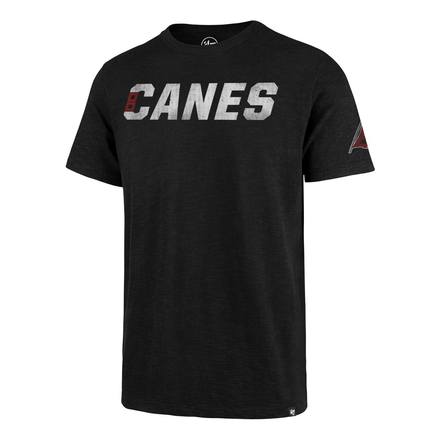 Black tee with CANES wordmark across chest, Flags logo on left sleeve