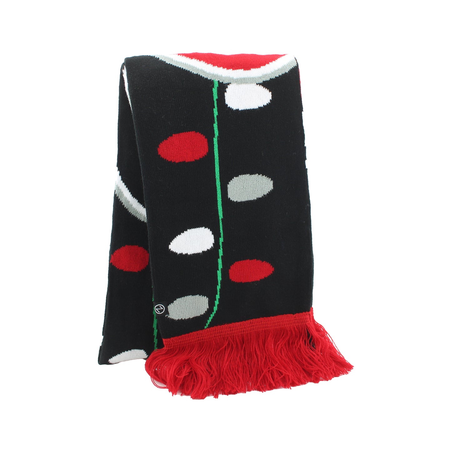 Black scarf with red, white, and gray Christmas lights, red fringe