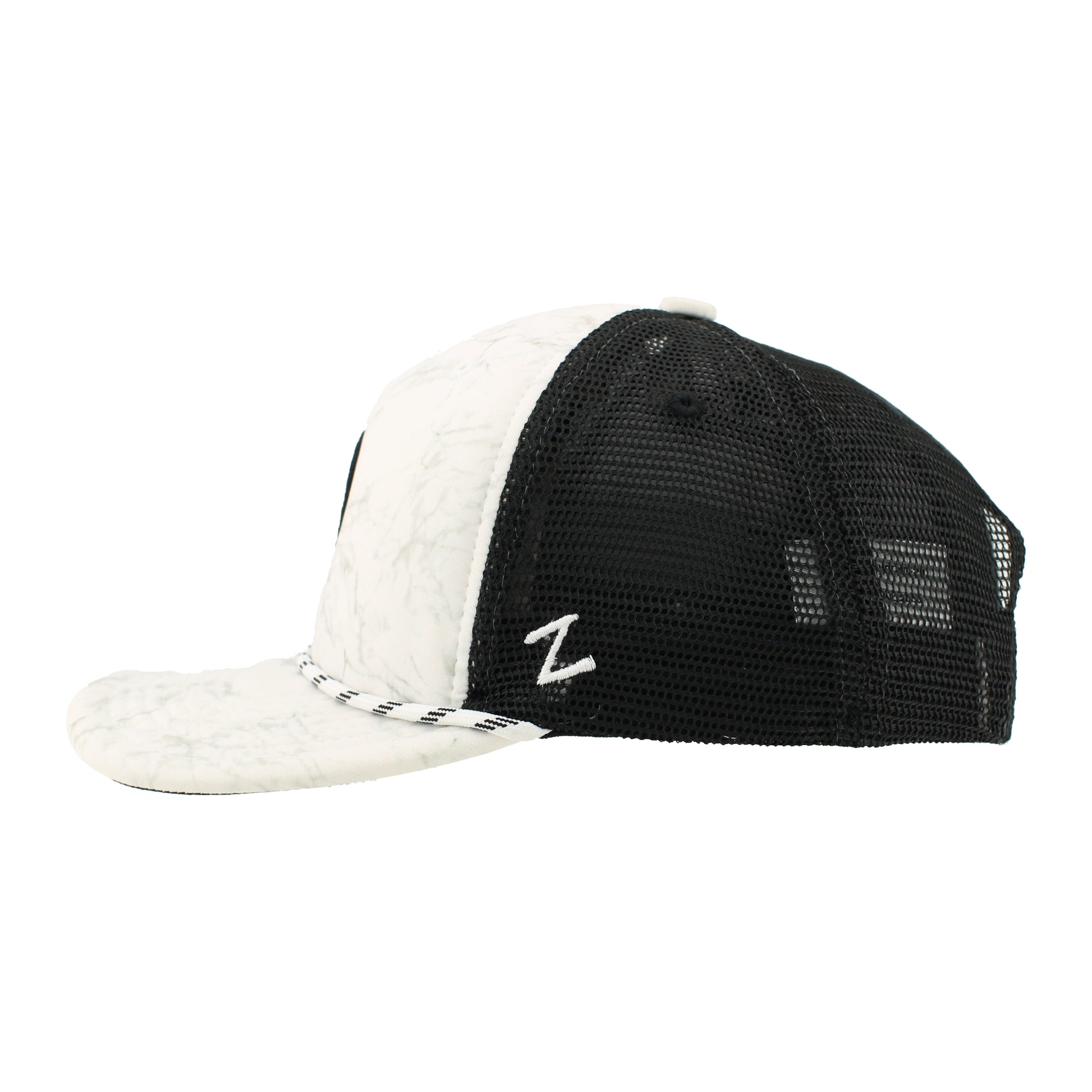 Left: Marble and black hat with Zephyr "Z" logo on left side