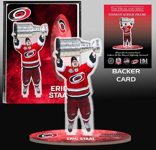 Acrylic stand with cutout of Eric Staal raising the Stanley Cup in 2006
