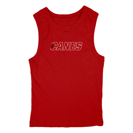 Red ribbed tank top with CANES wordmark across the front