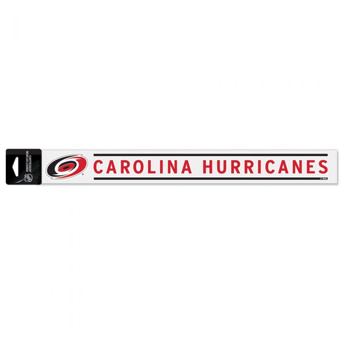 Decal that says Carolina Hurricanes horizontally in red with primary logo to left of text