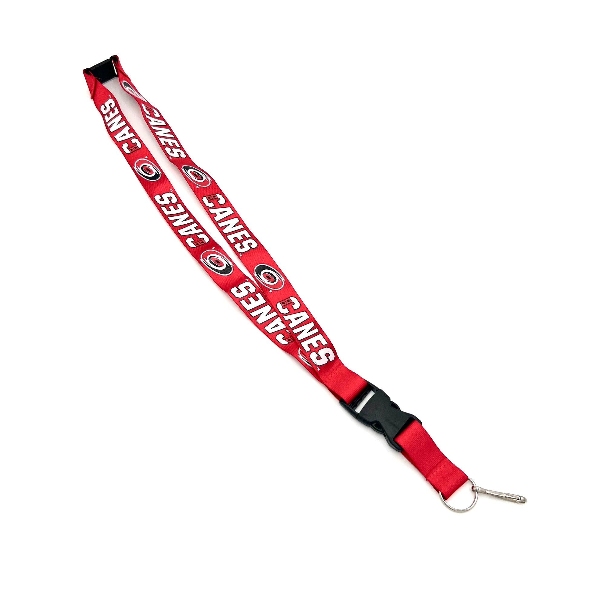 Red lanyard with Hurricanes primary logo and CANES wordmark repeating